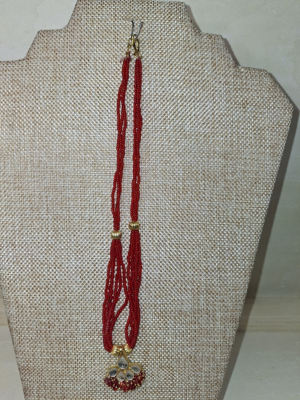 Red Beaded Multi-Strand Necklace with Gold Pendant - Women Jewelry
